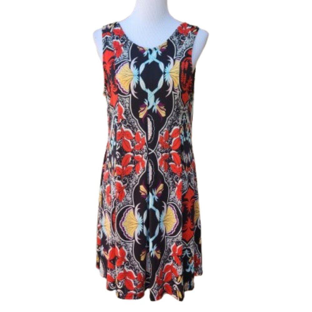 Reborn Multicolor Abstract Print Dress Sleeveless Stretch Pleats Scoop Back